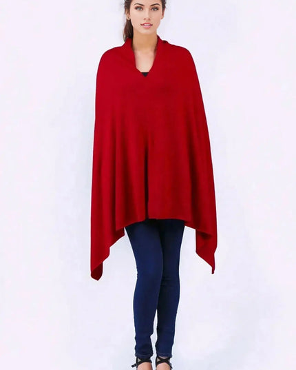 Woman wearing red cashmere poncho wrap - Cashmere Poncho wrap for women | KCI 117