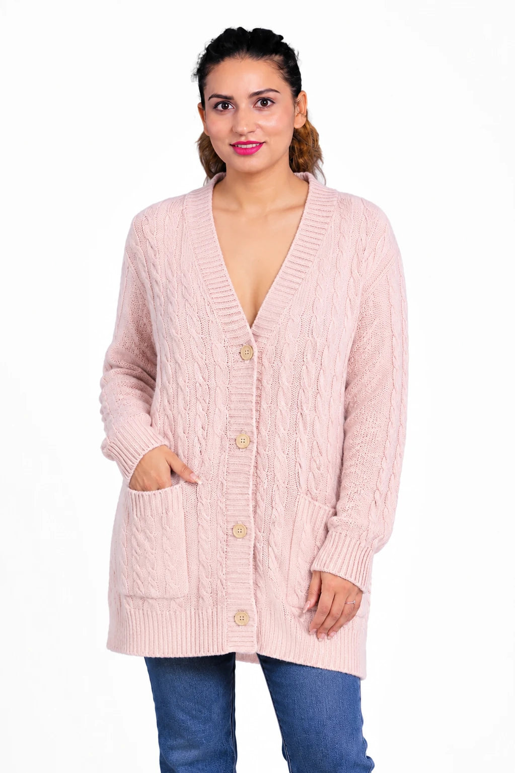 KCI-R-02 | Recycelter Kaschmir Zopfmuster Cardigan Lang