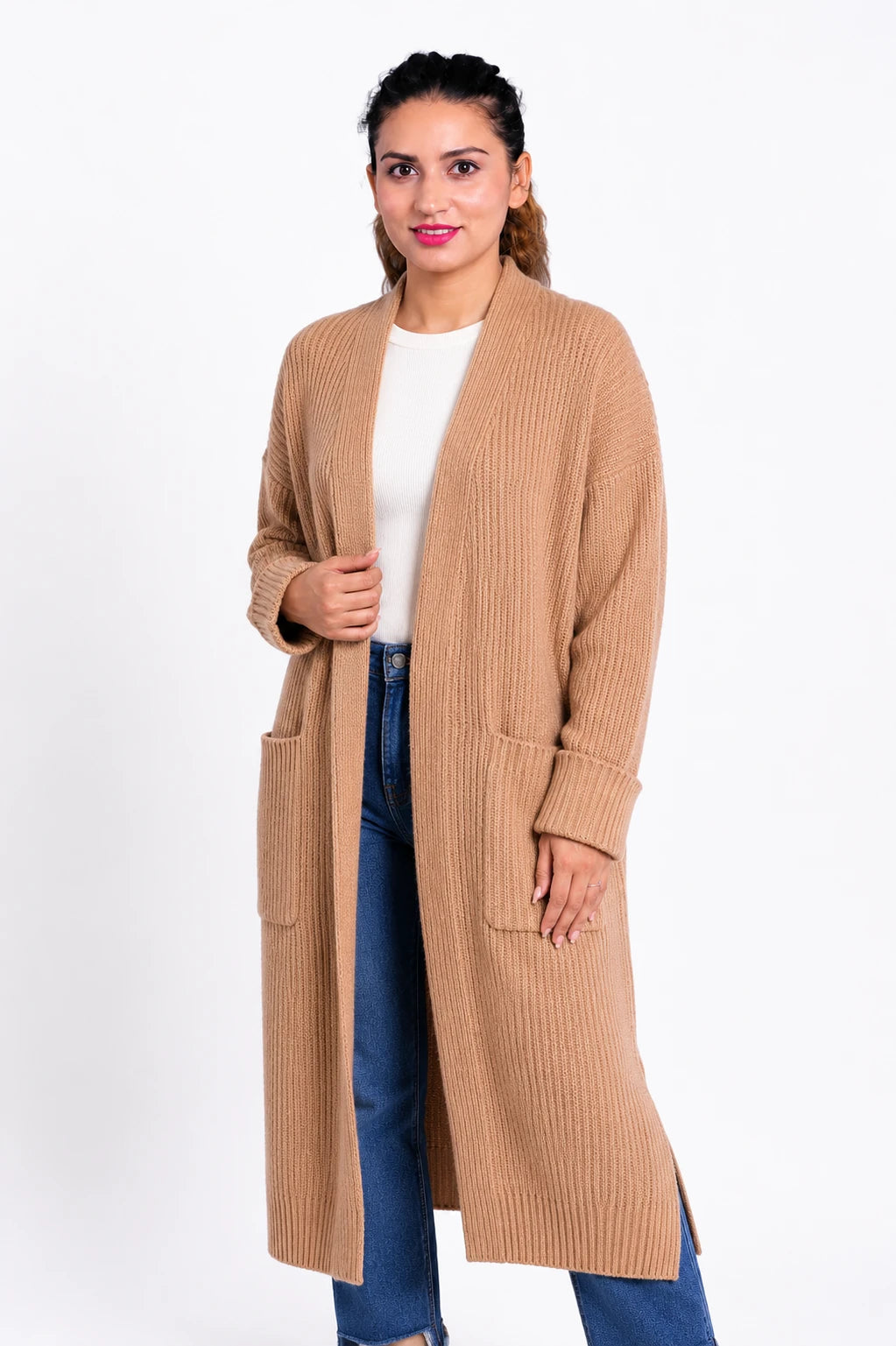 KCI-R-03 | Langer Strickcardigan aus recyceltem Kaschmir mit Rippenmuster