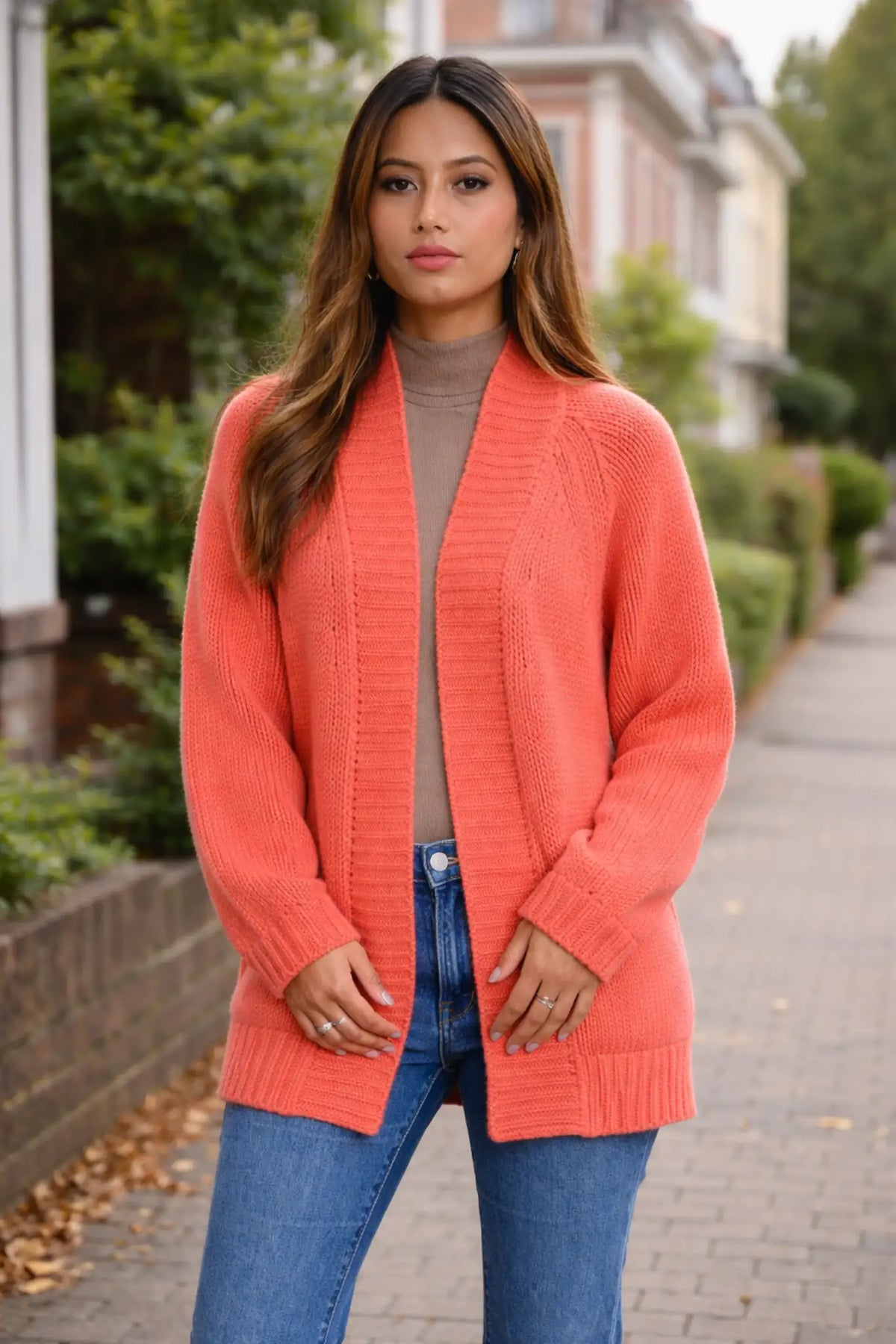 Coral-colored soft italian cashmere cardigan with ribbed texture and long sleeves women’s open cashmere cardigan