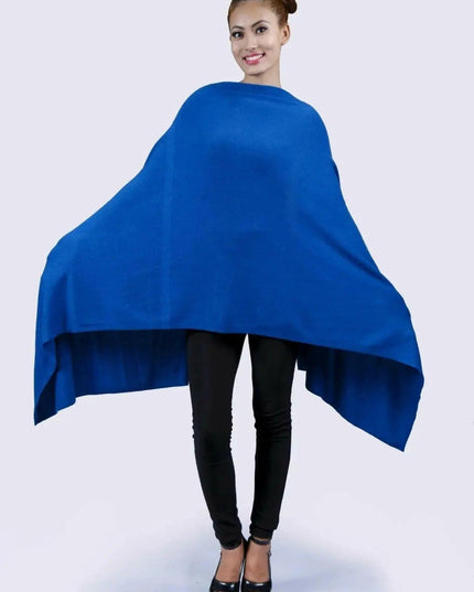Cashmere blue shawl worn by woman in black top - Cashmere Blue Shawl | KCI 112
