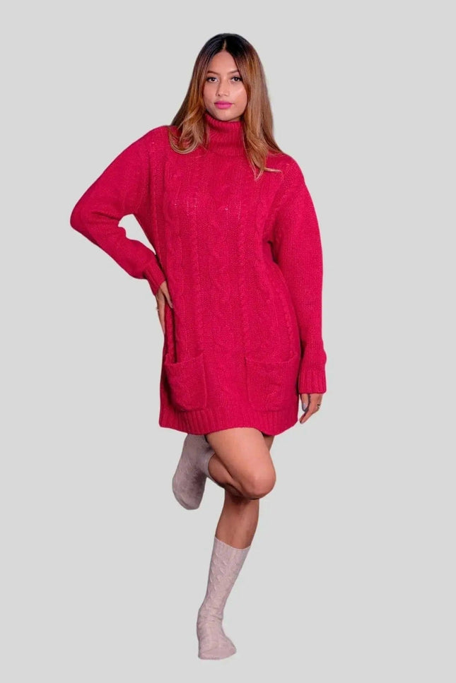Woman in red sweater turtle neck dress from Cashmere Cable Dress | Italian Cashmere