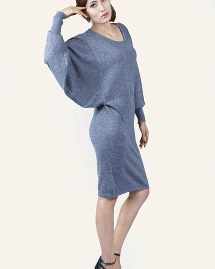 Woman in gray dress and heels, Cashmere Long Sleeve Mini Dress