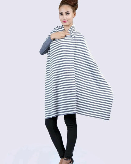 Cashmere Poncho (KCI 158) by Kanchan Cashmere: Woman wearing a striped poncho