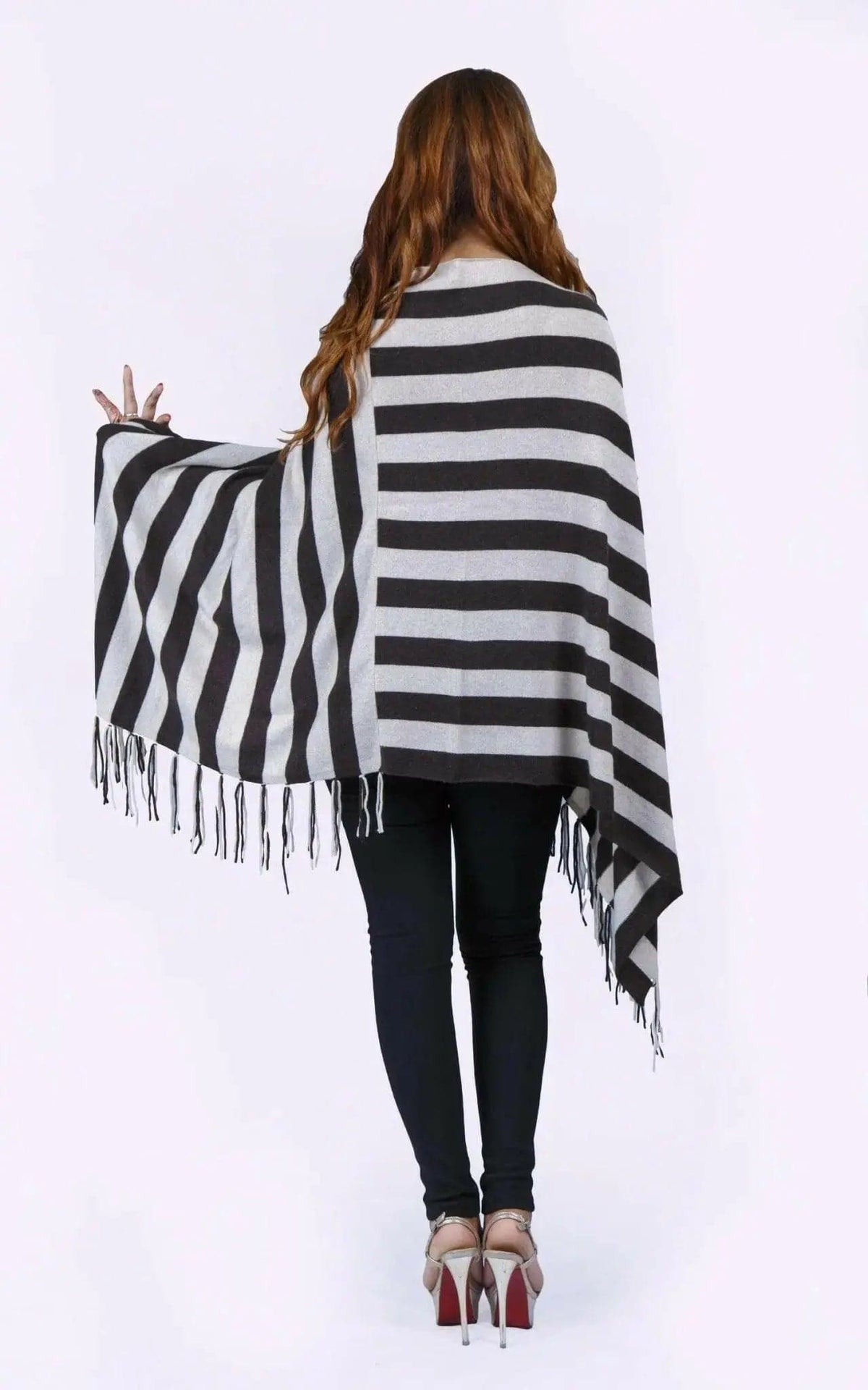 Two-tone fringed cashmere poncho, KCI 213, full view