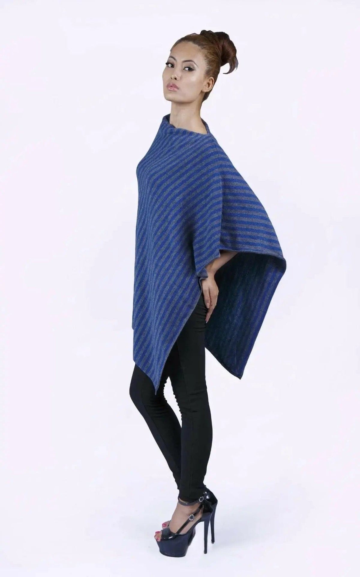 Striped Italian cashmere poncho, KCI 243, styled view
