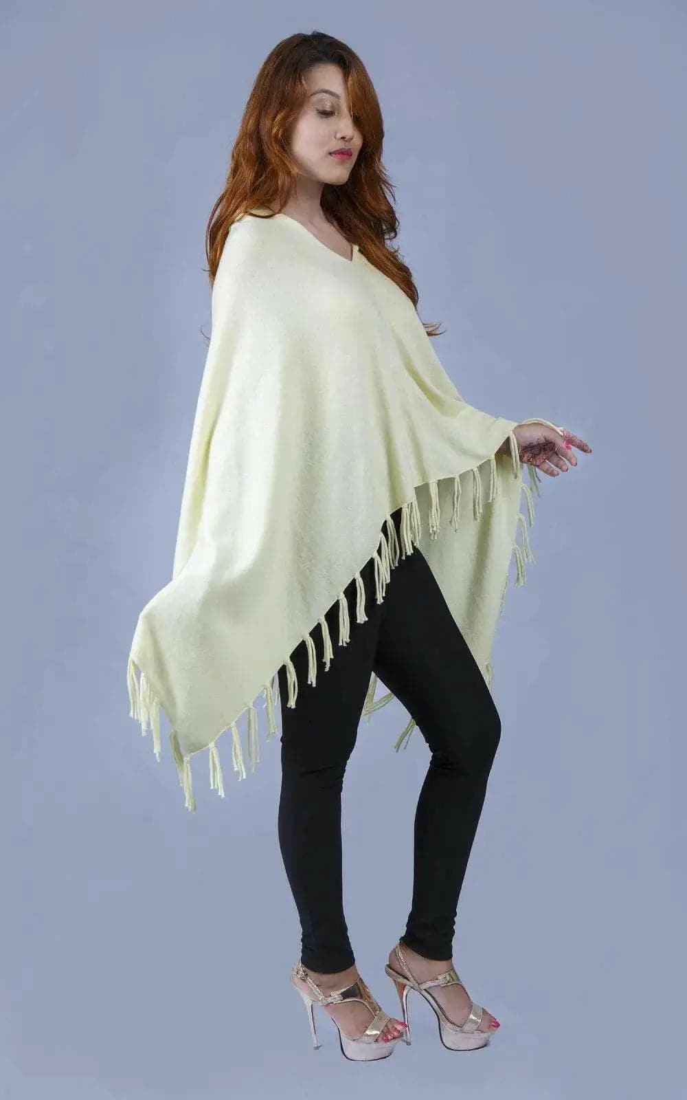 Fringed Italian cashmere poncho, KCI 249, yellow colourway