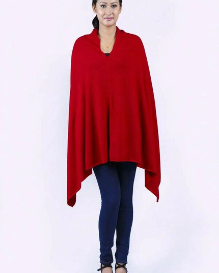 Woman wearing a red cashmere poncho wrap (KCI 117)