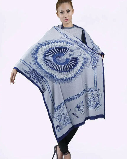 Woman wearing blue and white tie dye cashmere printed scarf by KCI 186