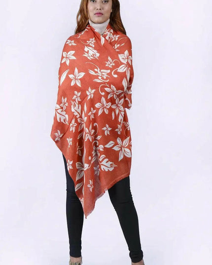 Woman wearing a red and white floral print cashmere shawl - Cashmere Printed Shawl | KCI 191