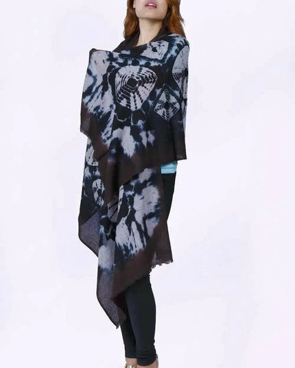Cashmere Scarf | KCI 185 - Woman wearing black and white tie dye poncho