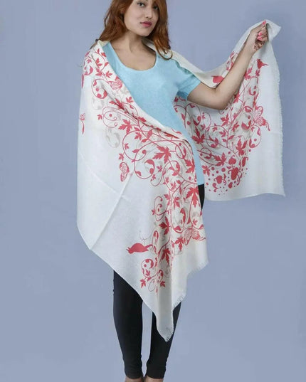 Woman wearing white and red floral print KCI 149 cashmere shawl by Kanchan Cashmere