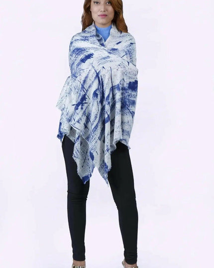 Cashmere Silk Scarf in Blue and White Tie Dye Poncho | KCI 223