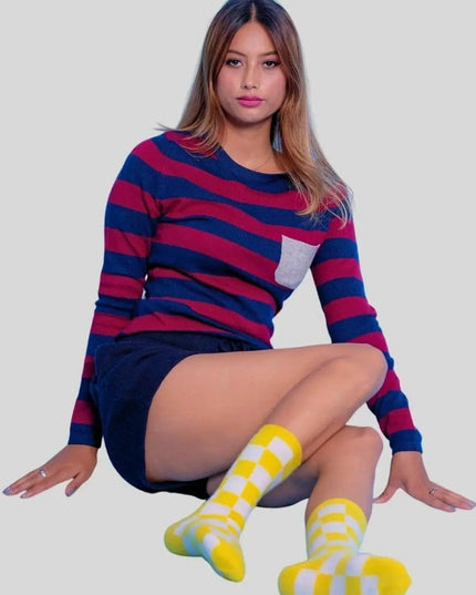Woman wearing colorful cashmere socks from KCI 386 collection
