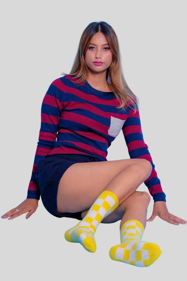 Woman wearing colorful cashmere socks from KCI 386 collection