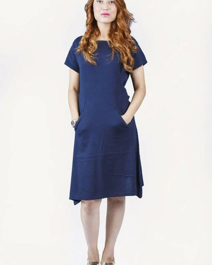 Woman in blue dress, Crew Neck Cashmere Dress, timeless piece features pure cashmere fabric