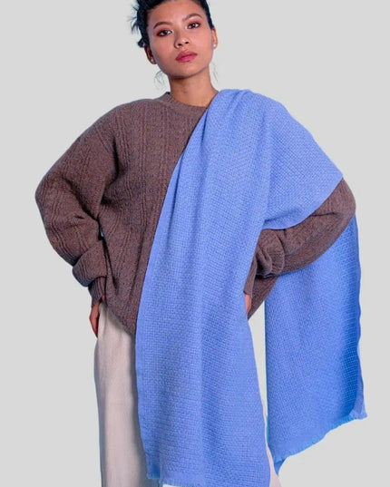 Italian Cashmere Basket Weave Scarf - woman in blue and brown sweater
