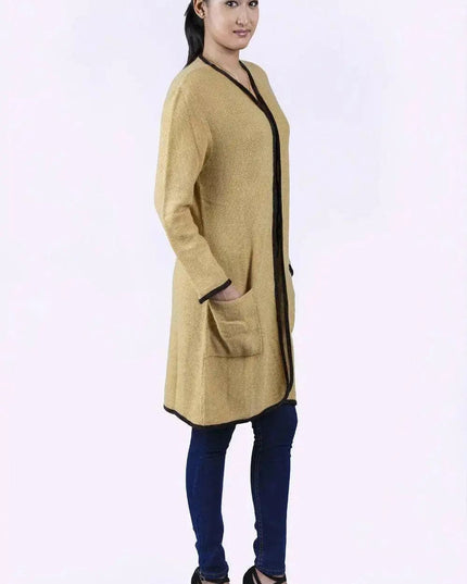 Italian Cashmere Long Knit Cardigan Coat featuring a woman in a yellow cardigan sweater