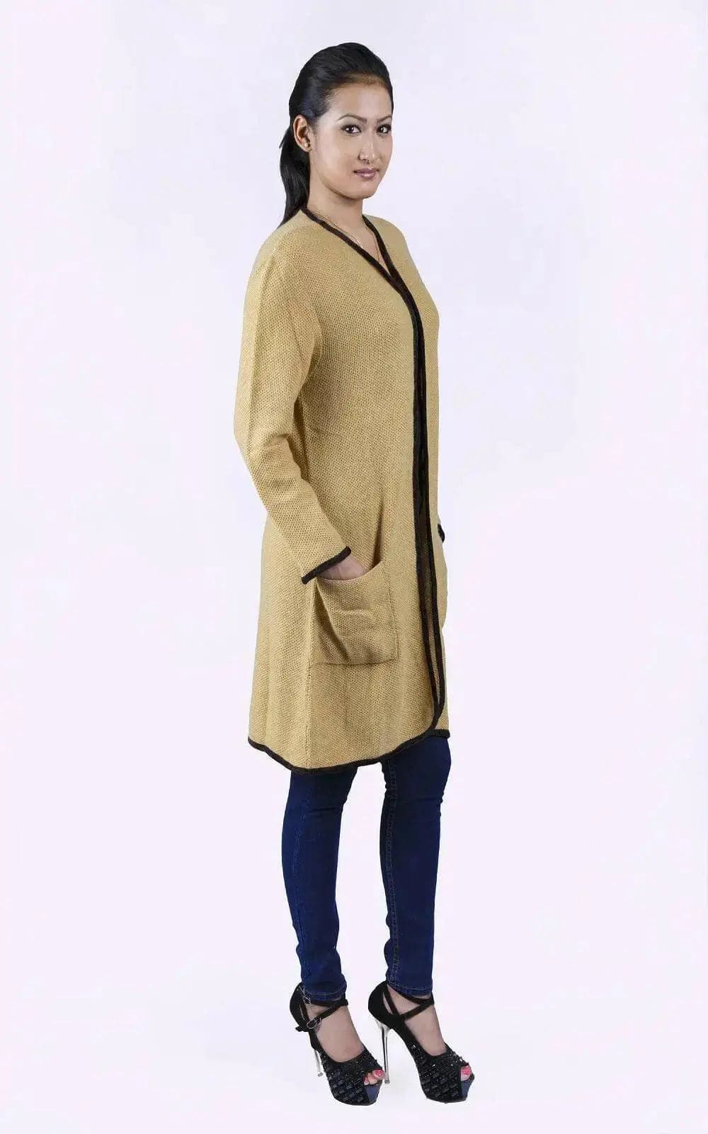Italian Cashmere Long Knit Cardigan Coat featuring a woman in a yellow cardigan sweater