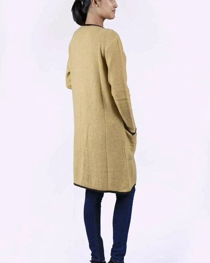 Italian Cashmere Long Knit Cardigan Coat - Woman wearing mustard coat