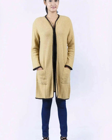 Italian Cashmere Long Knit Cardigan Coat - woman in yellow cardigan sweater