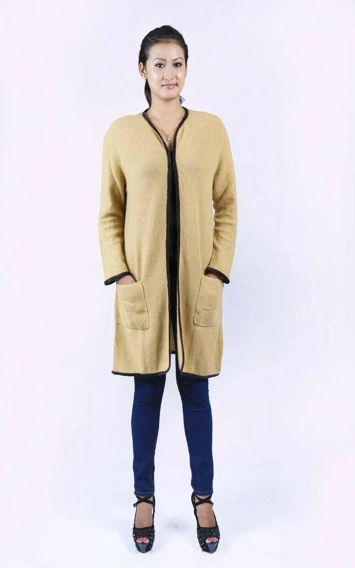 Italian Cashmere Long Knit Cardigan Coat - woman in yellow cardigan sweater