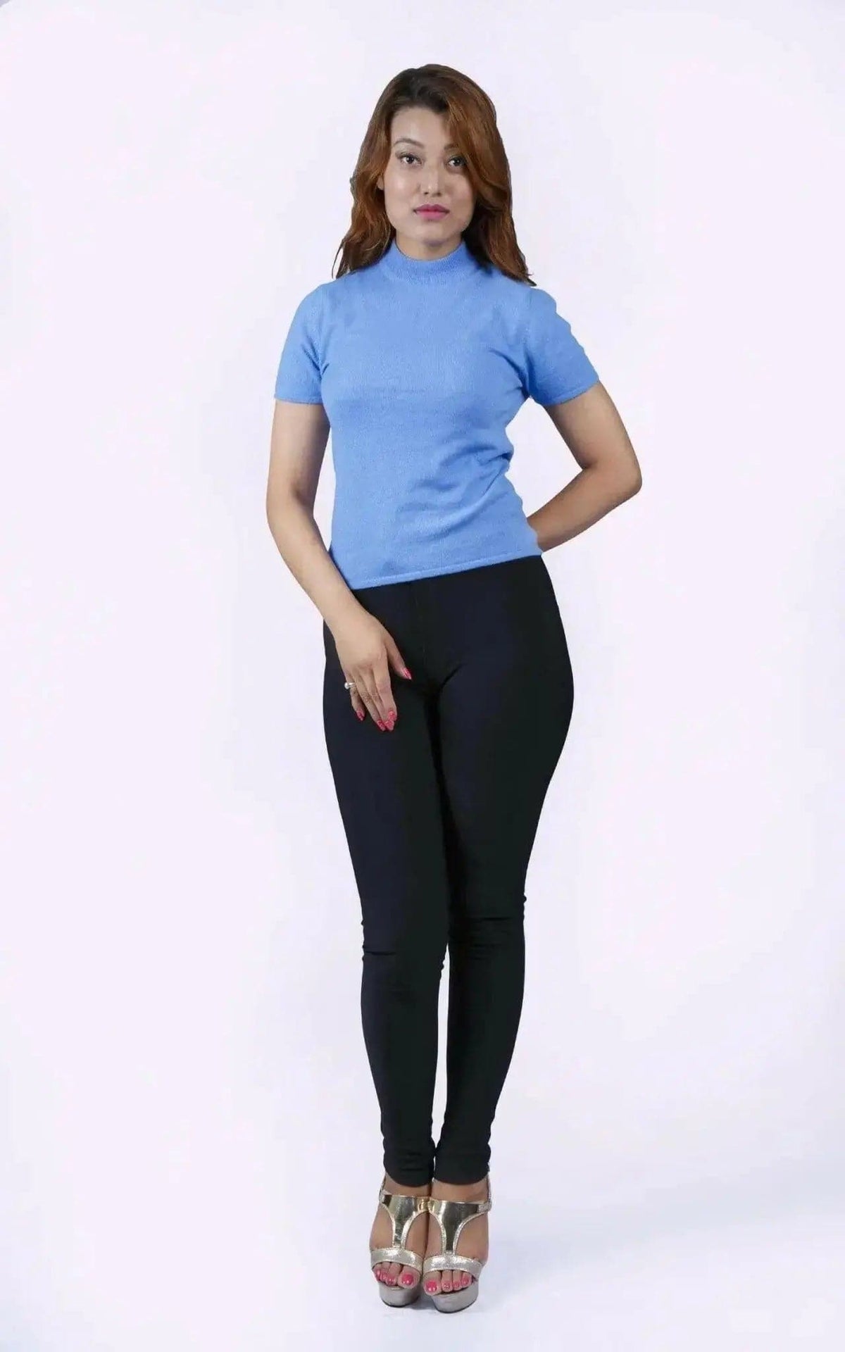 Women's cashmere short-sleeve mock-neck top KCI 204, styled view