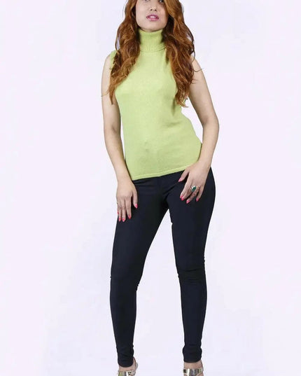 Stylish Italian cashmere sleeveless pullover on woman in lime top and black pants