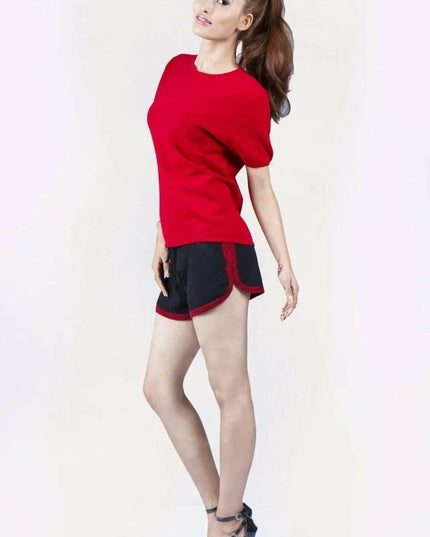 Italian Cashmere Turtle Neck T-Shirt with flattering turtle neck for women in red shirt and black shorts