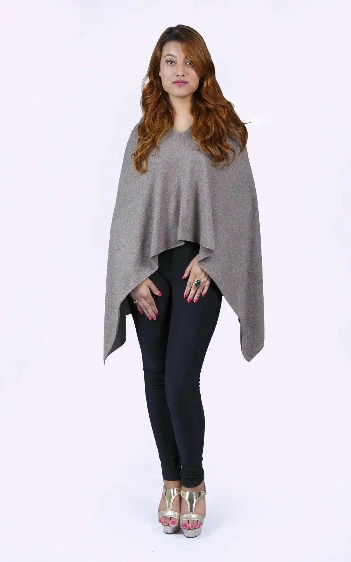 Italian cashmere poncho, KCI 121, grey styled view
