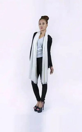 KCI 124 black pants and white shirt woman model in Italian cashmere scarf