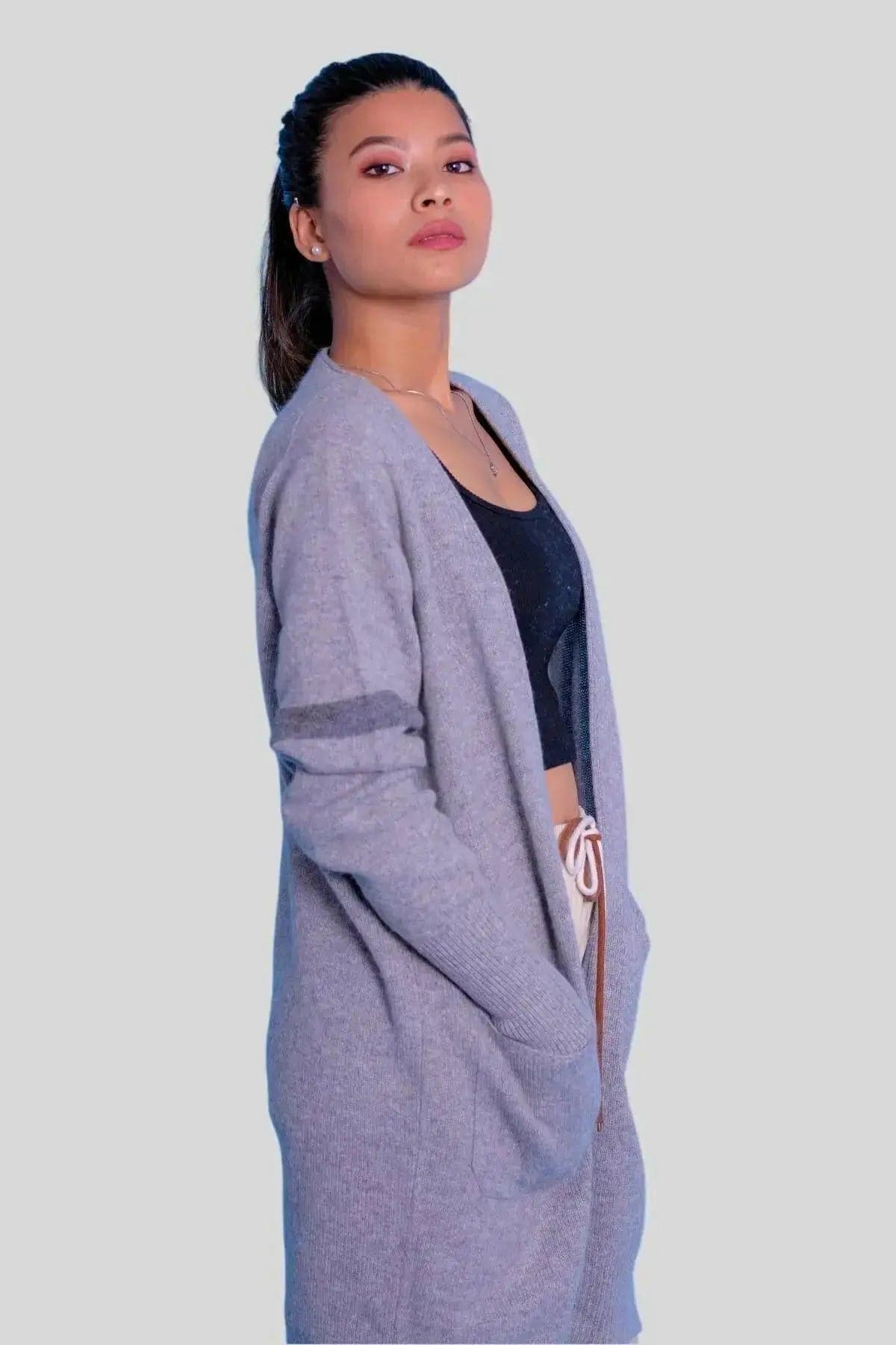 Grey cashmere long open cardigan | KCI 394