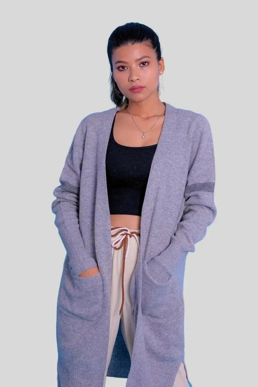 Luxurious Cashmere Open Long Cardigan featuring a woman in grey sweater