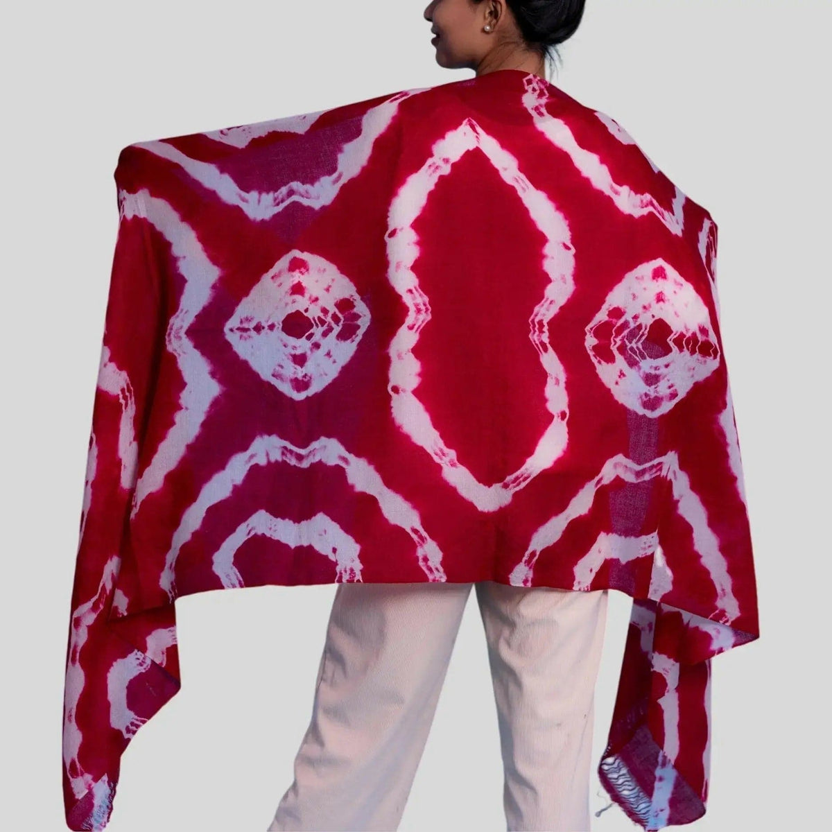 Luxurious Cashmere Digital Printed Shawl in Red and White Tie Dye Pattern