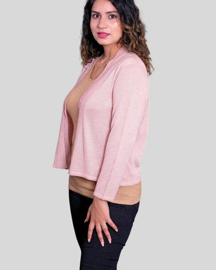 Luxurious Cashmere Short Cardigan - Woman in Pink Sweater and Black Jeans