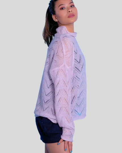Woman in white sweater and shorts from Luxurious Cashmere Silk Pointelle Pullover