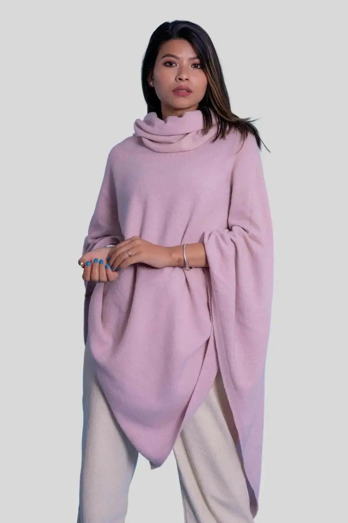 Italian cashmere turtleneck poncho, KCI 391, full-length view