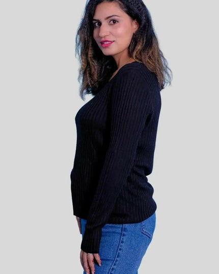 Stylish woman in black sweater and jeans - Luxurious Cashmere V Neck Pullover