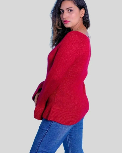 Luxurious Cashmere Wider Cuff Pullover - Woman in Red Sweater and Jeans