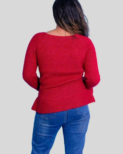 Luxurious Cashmere Wider Cuff Pullover - Woman in red sweater and jeans
