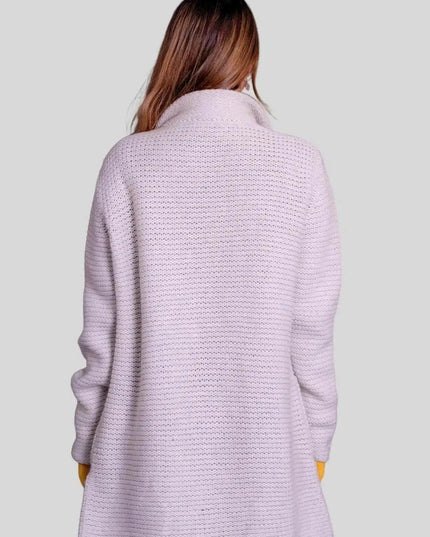 Luxurious Italian Cashmere Cardigan - Woman in Purple Sweater and Jeans