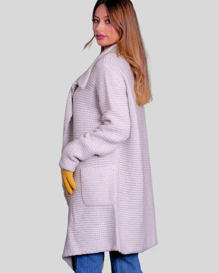 Luxurious Italian Cashmere Cardigan - Woman in Purple Sweater and Jeans