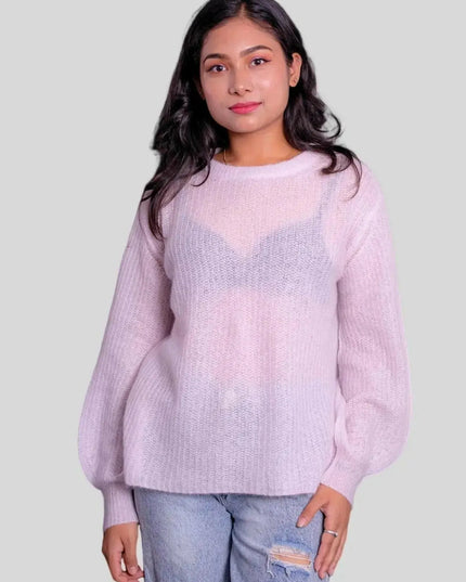 Luxurious Italian Cashmere Crew Neck Pullover on Woman in Pink Sweater and Ripped Jeans