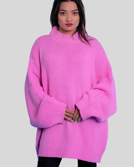 Luxurious Italian Cashmere Crew Neck Sweater featuring a woman in pink sweater and black jeans