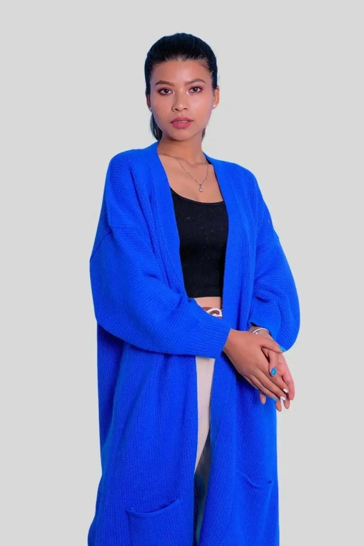 Blue cashmere long open cardigan on model | KCI 393