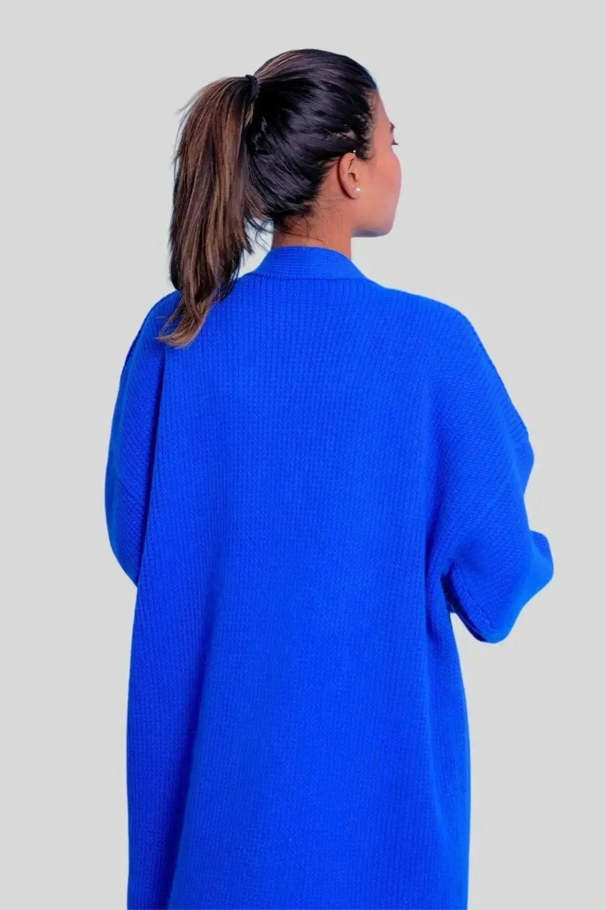 Blue cashmere long open cardigan on model | KCI 393
