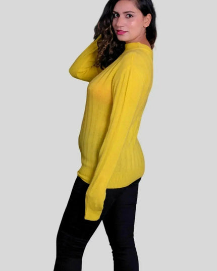 Luxurious Italian Cashmere Pullover showcasing woman in yellow sweater and black pants