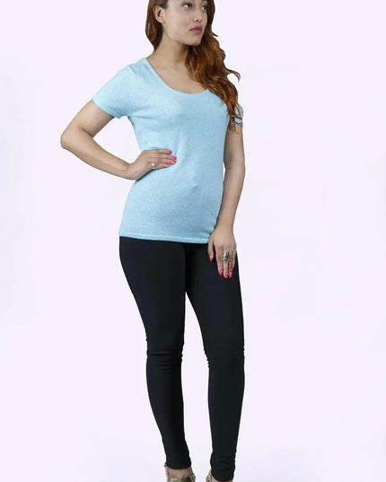 Luxurious Italian Cashmere Round Neck Top for Women in Blue and Black outfit