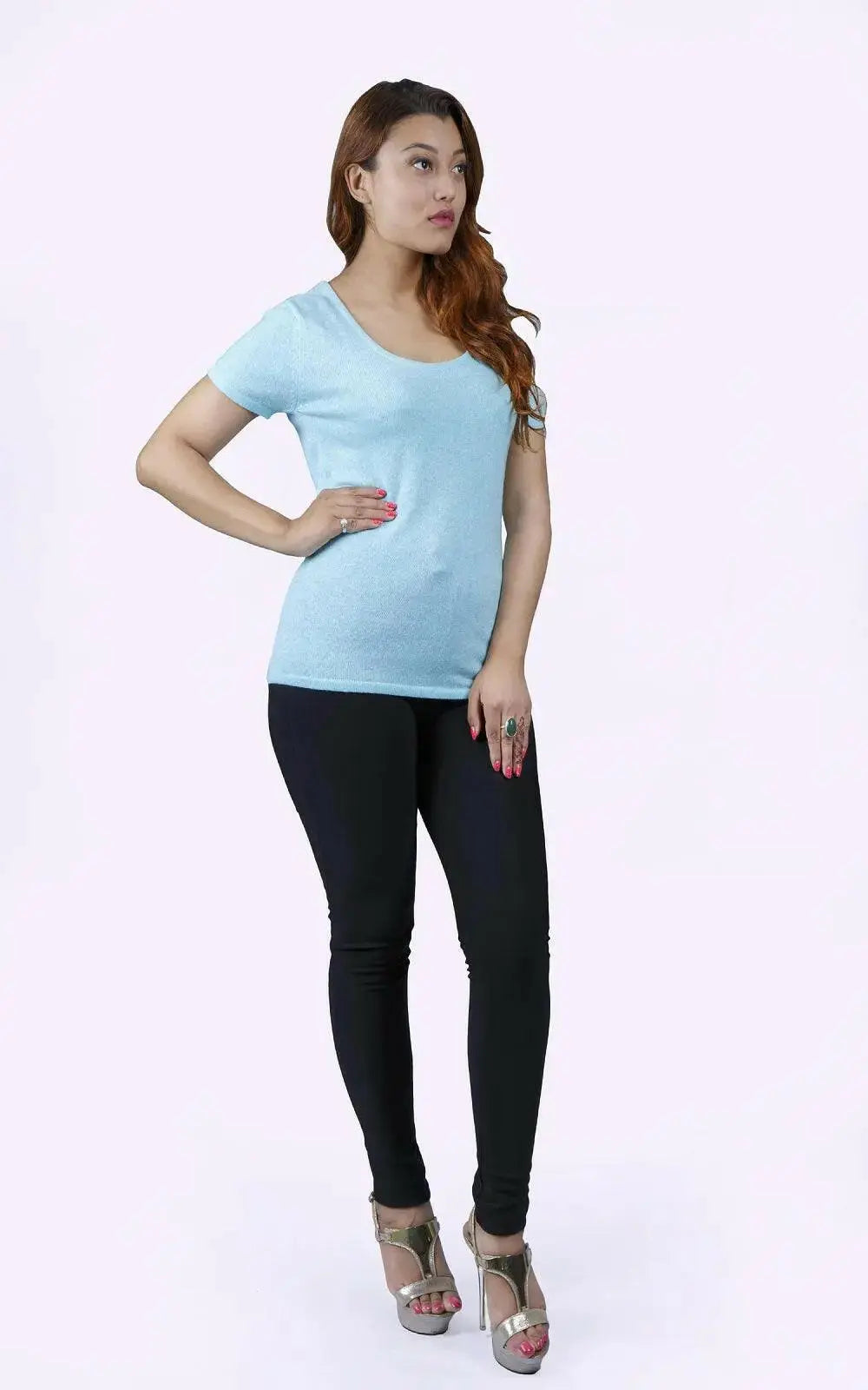 Luxurious Italian Cashmere Round Neck Top for Women in Blue and Black outfit