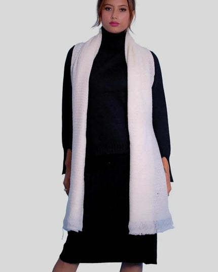 Luxurious Italian Cashmere Scarves featuring a woman wearing white vest and black dress